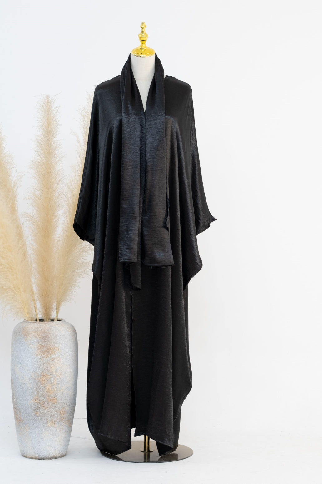 Syntia Shiny Satin Modest Open Abaya 636 - Black