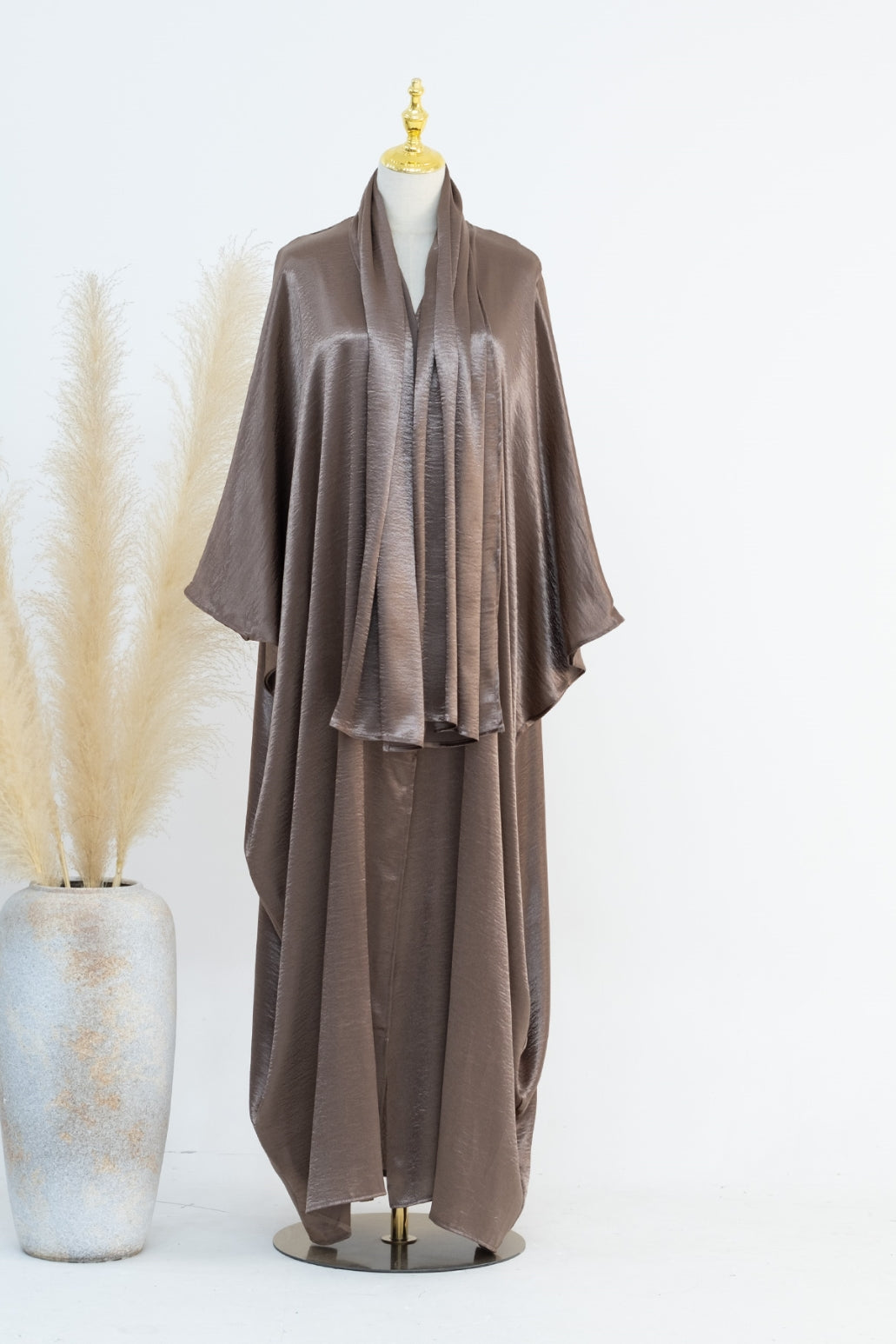 Syntia Shiny Satin Modest Open Abaya 636 - Coffee