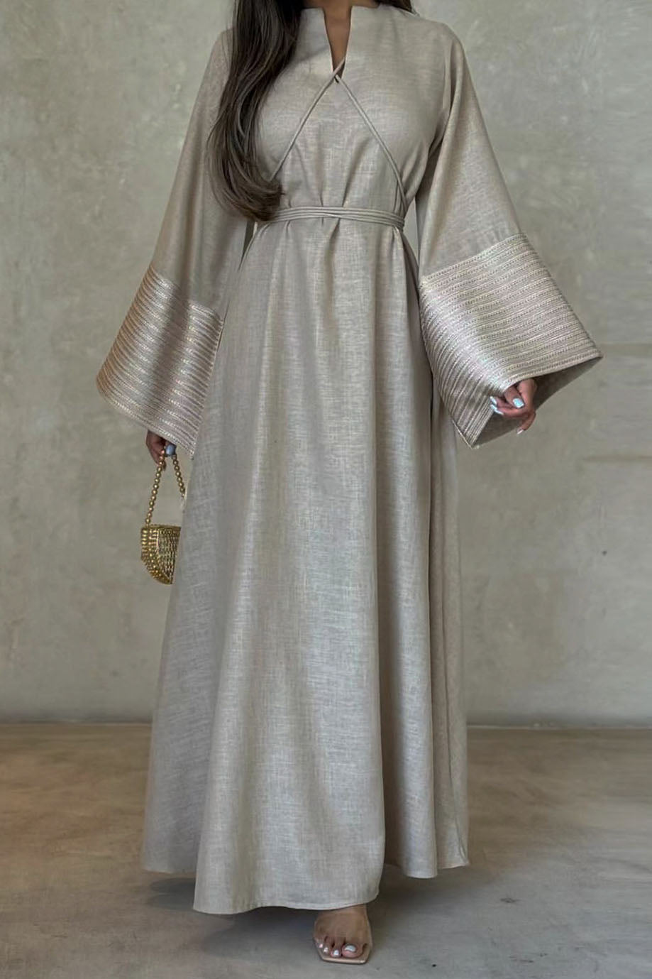 Eloria V-Neck Embroidered Elegant Abaya Dress 813 – Grey – Belora Modesty