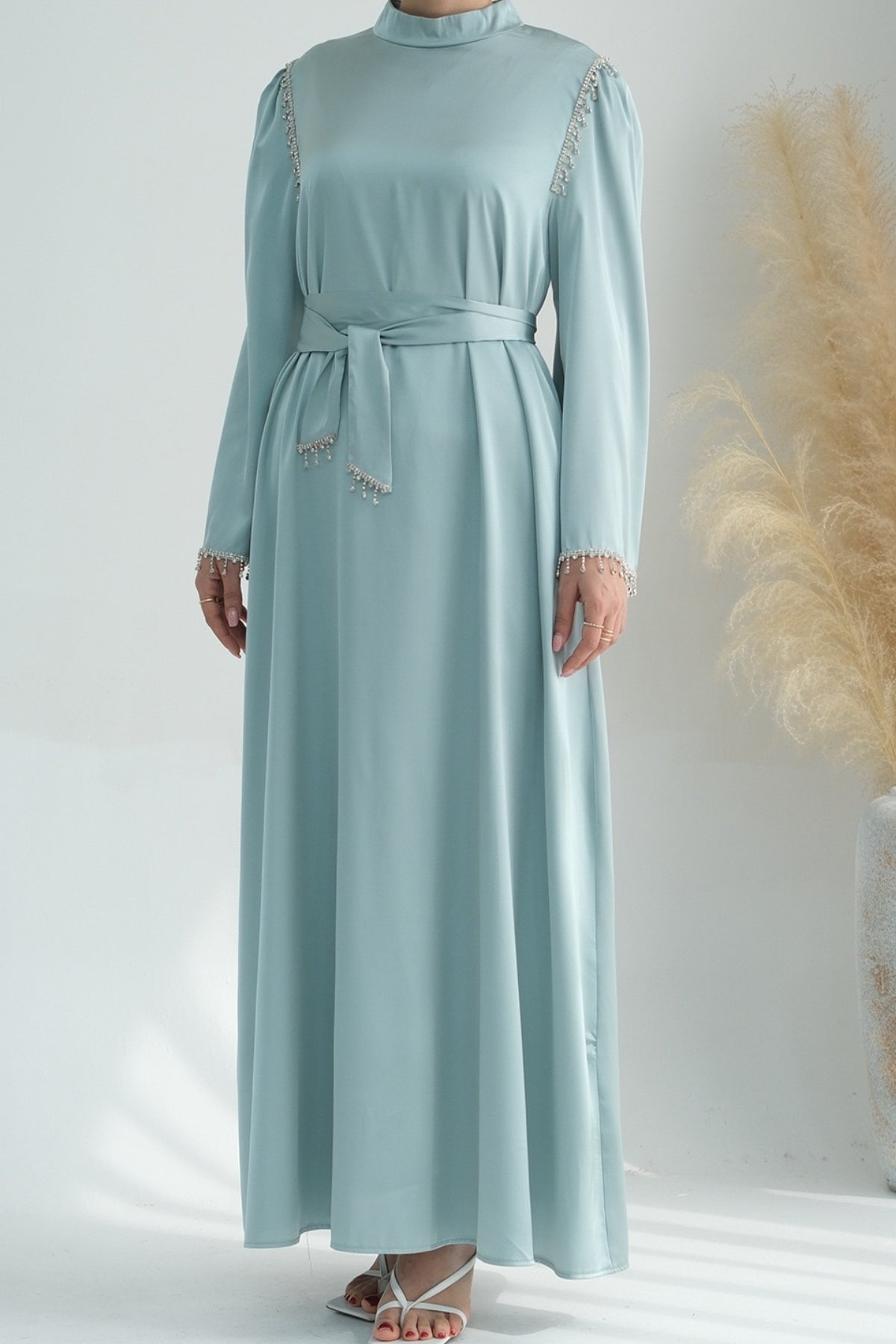 Yalina Crystal Beads Sleeves and Stand-up Collar Maxi Dress Abaya with belt 710 - Light Green