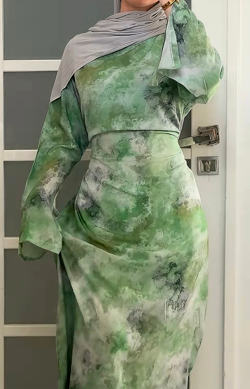 Ellora Printed Tie-Back Abaya Dress 1083 – Green
