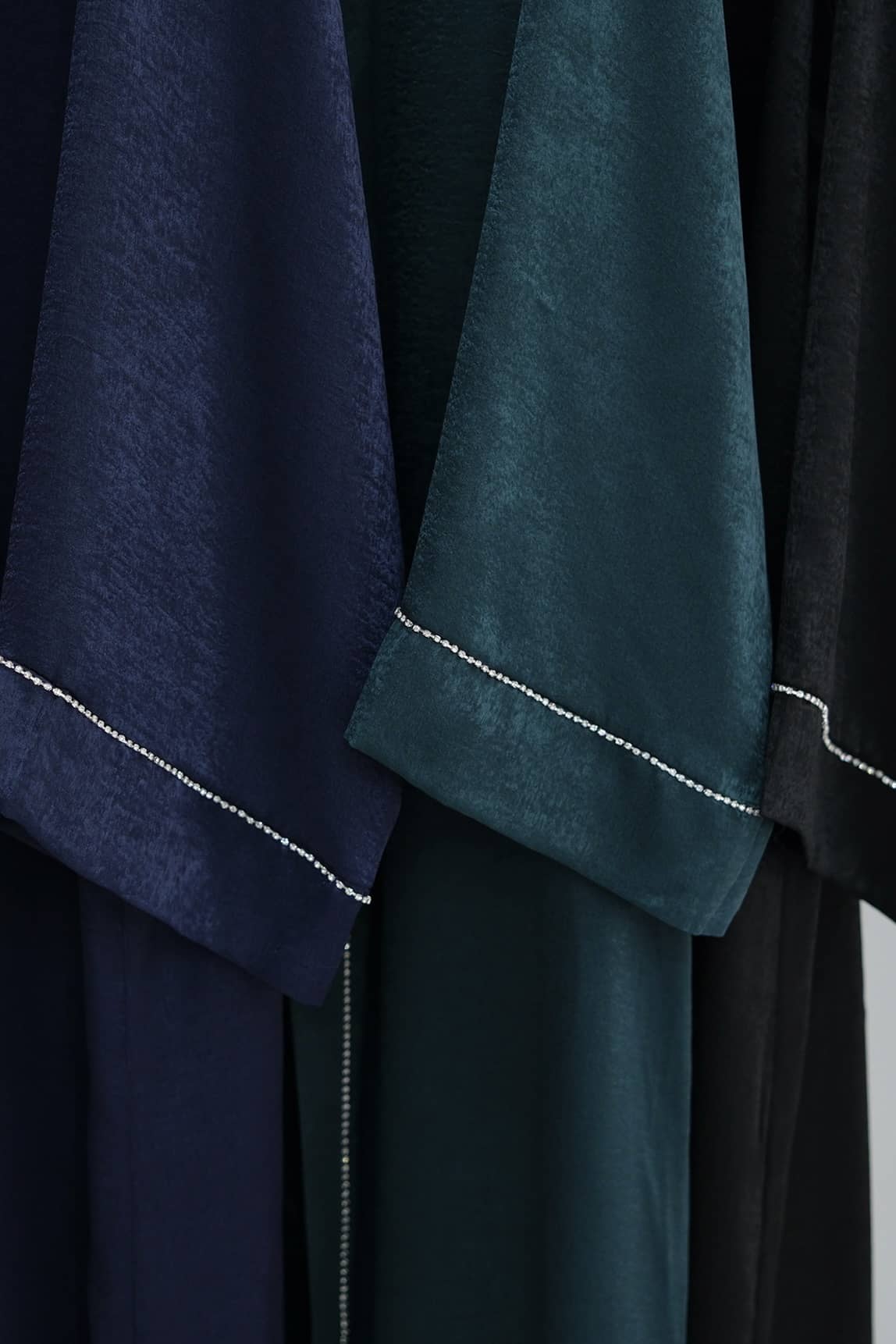 Rania Polyester Fiber Trimmed Open Abaya with Belt 707 - Dark Green