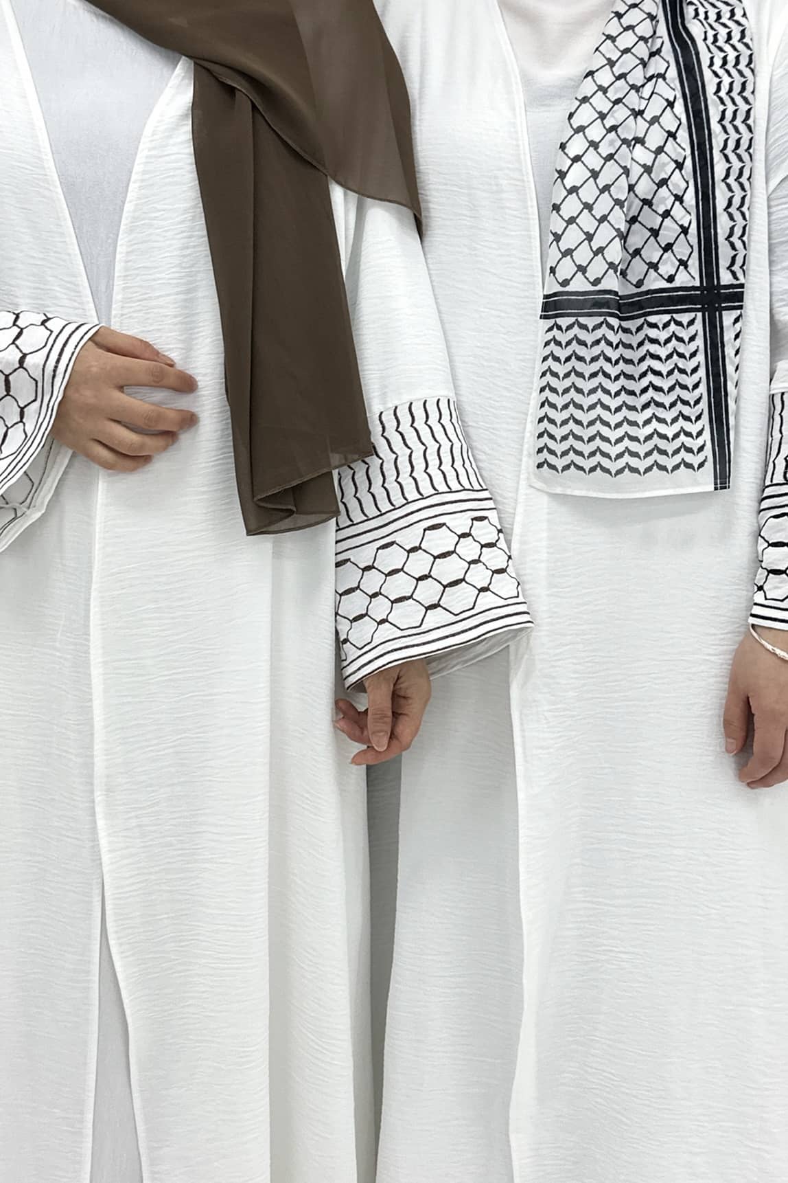 Danya Keffiyeh Inspired Peace Dove Pattern Embroidery Modest Open Abaya 768 - Coffee