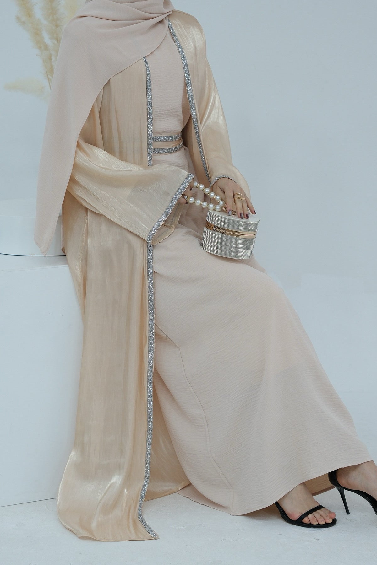Ahmed Satin Open Abaya with Shiny Belt 699 - Beige