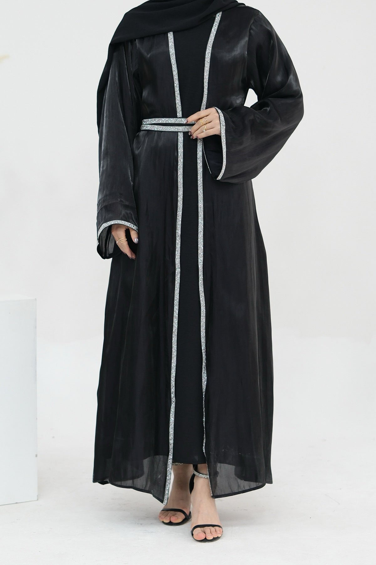 Ahmed Satin Open Abaya with Shiny Belt 699 - Black