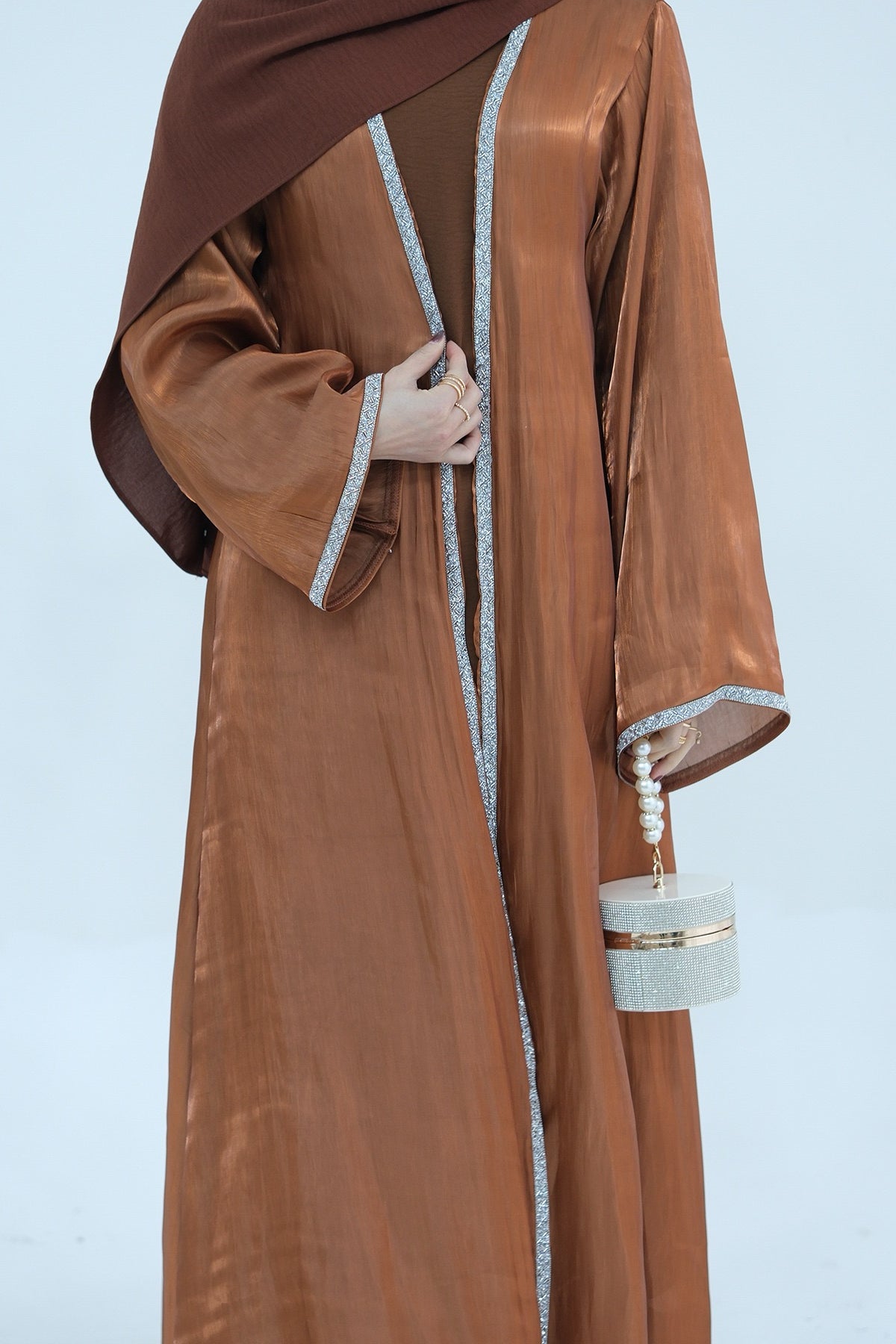 Ahmed Satin Open Abaya with Shiny Belt 699 - Coffee