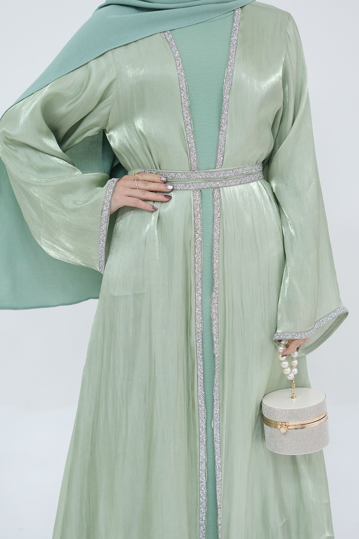 Ahmed Satin Open Abaya with Shiny Belt 699 - Mint Green