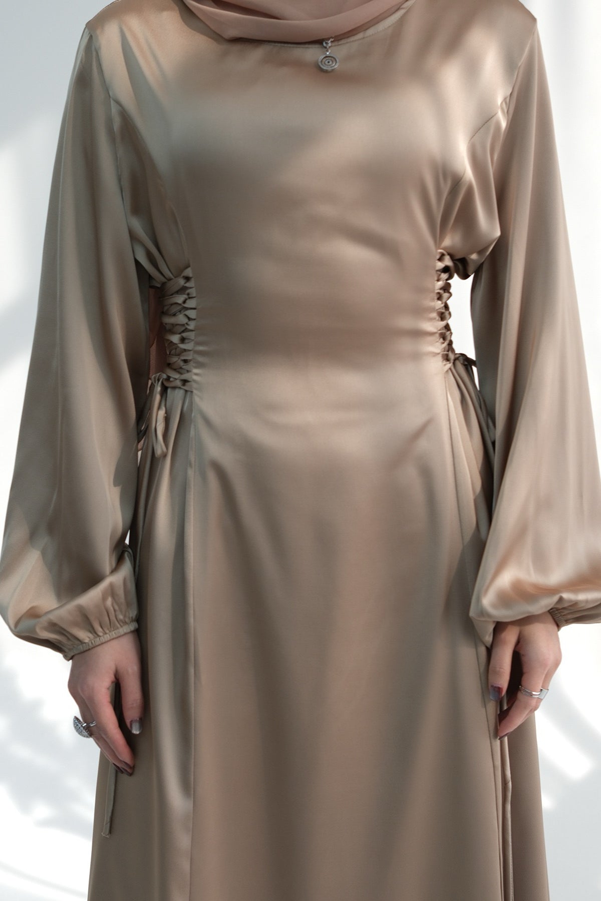 Nasir Satin Bubble Sleeve Abaya with Cinched Waist 702 - Khaki