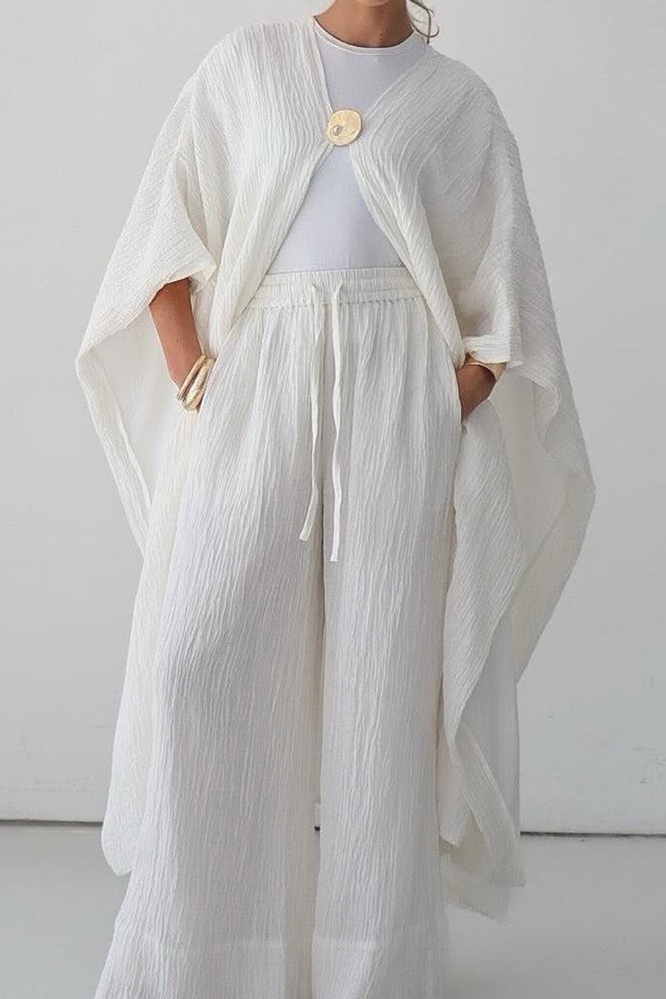 Asiya 2-Piece Modest Matching Open Abaya + Pants Set 1035 - White