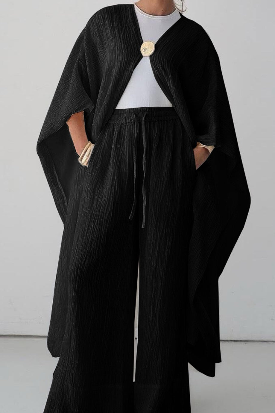 Asiya 2-Piece Modest Matching Open Abaya + Pants Set 1035 - Black