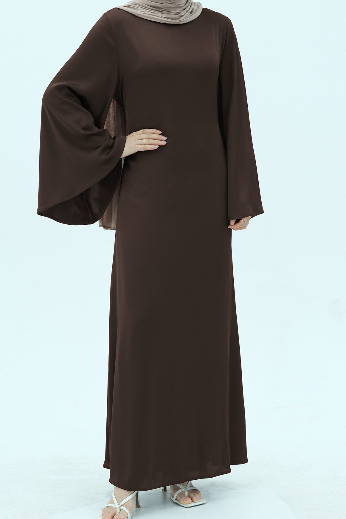 Elaf Tie-Back Satin Maxi Dress Abaya 967 - Coffee