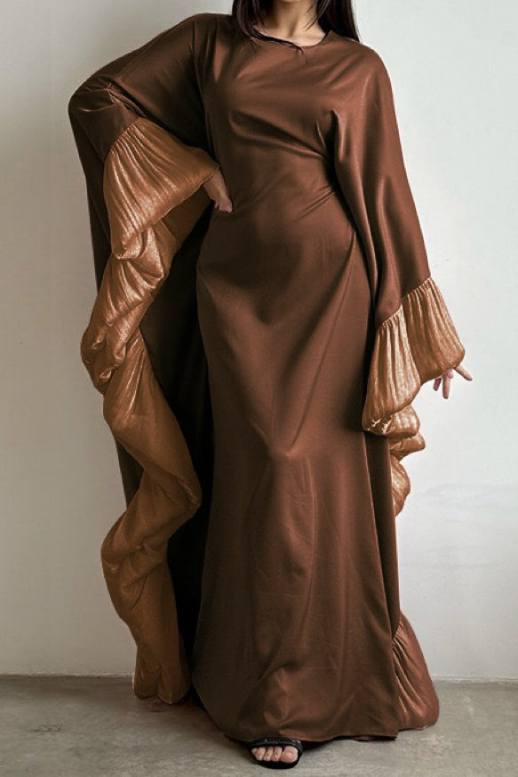 Salma Satin Modest Kaftan Dress with Ruffle Cuff 951 - Coffee