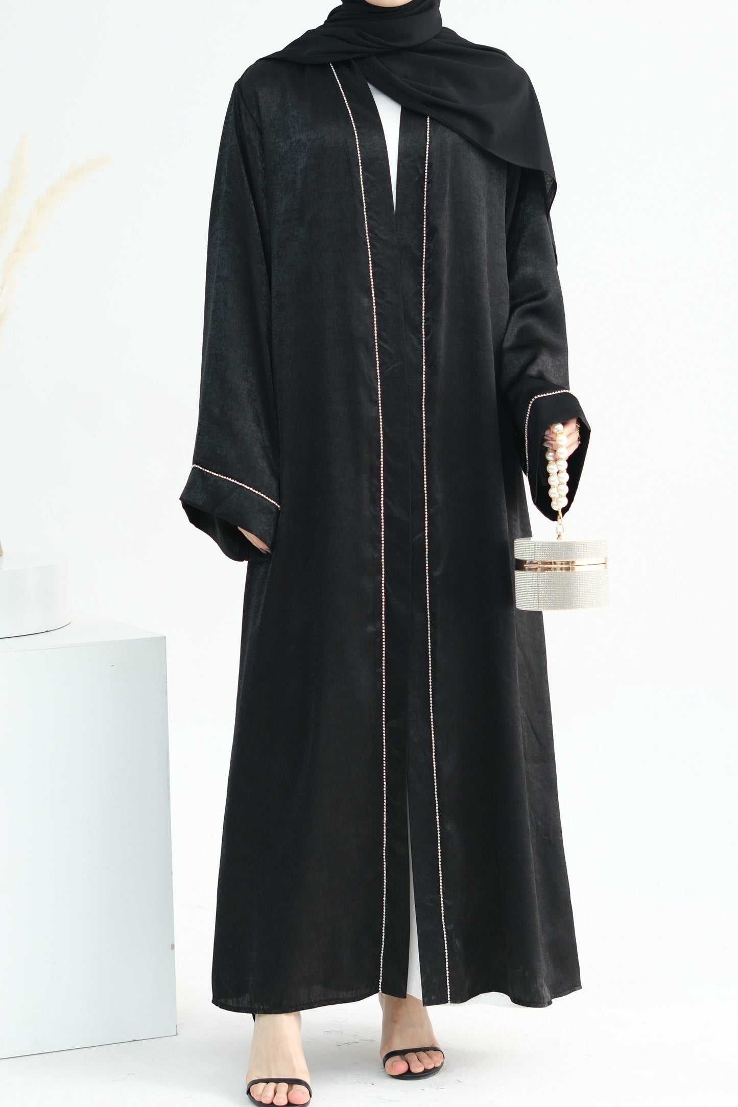 Rania Polyester Fiber Trimmed Open Abaya 707 - Black