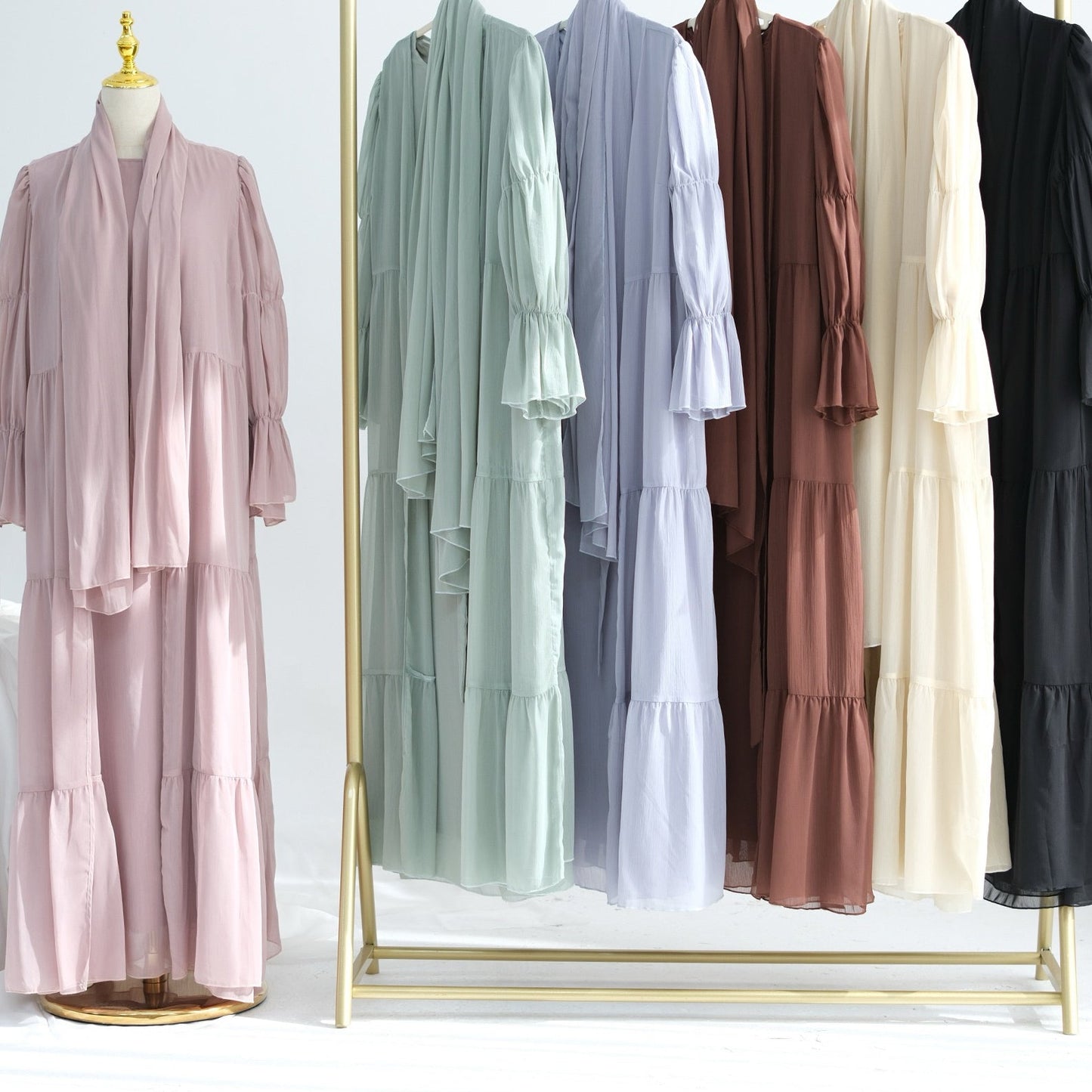Jumana Chiffon Elastic Cuff Open Abaya Set 866+867 - Taro