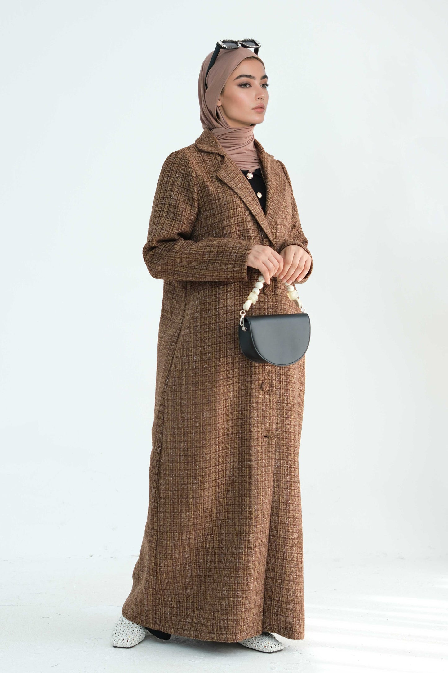Asalah Chanel-Style Open Abaya Coat 914 - Coffee