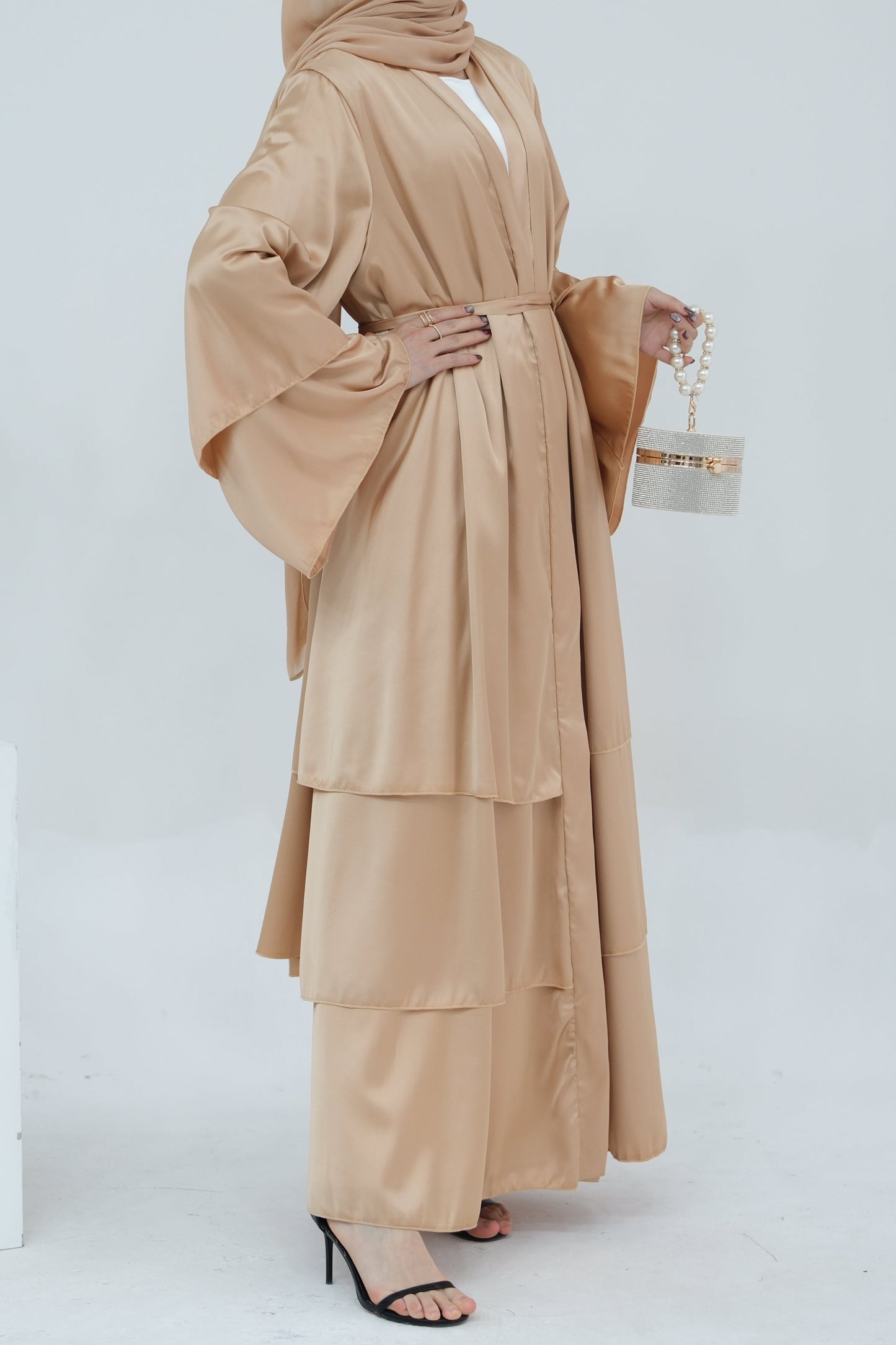 Lakia Satin Bell sleeves Modest Open Abaya 706 - BlanchedAlmond
