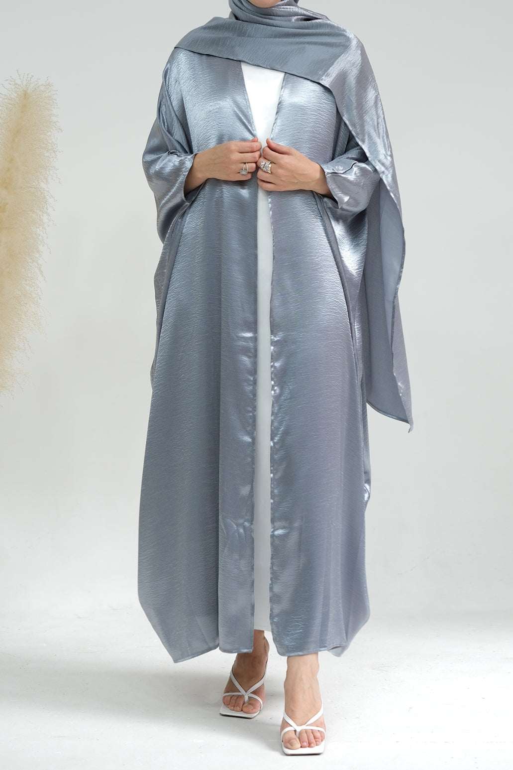Syntia Shiny Satin Modest Open Abaya 636 - Grey