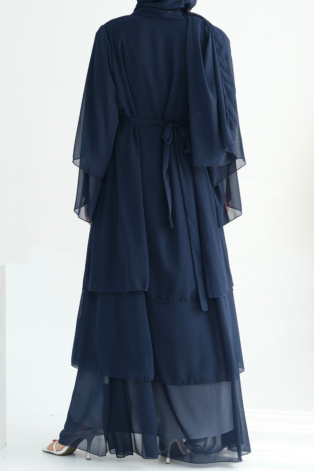 Shiza Chiffon Three-tiered Open abaya with belt 750 - Dark Blue