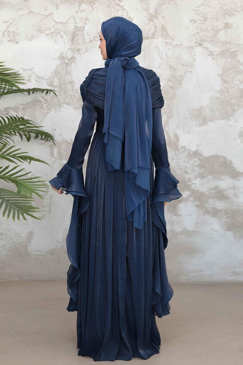Rania Double-Layer Waist-Cinched Dress Without Hijab 1169-Dark Blue