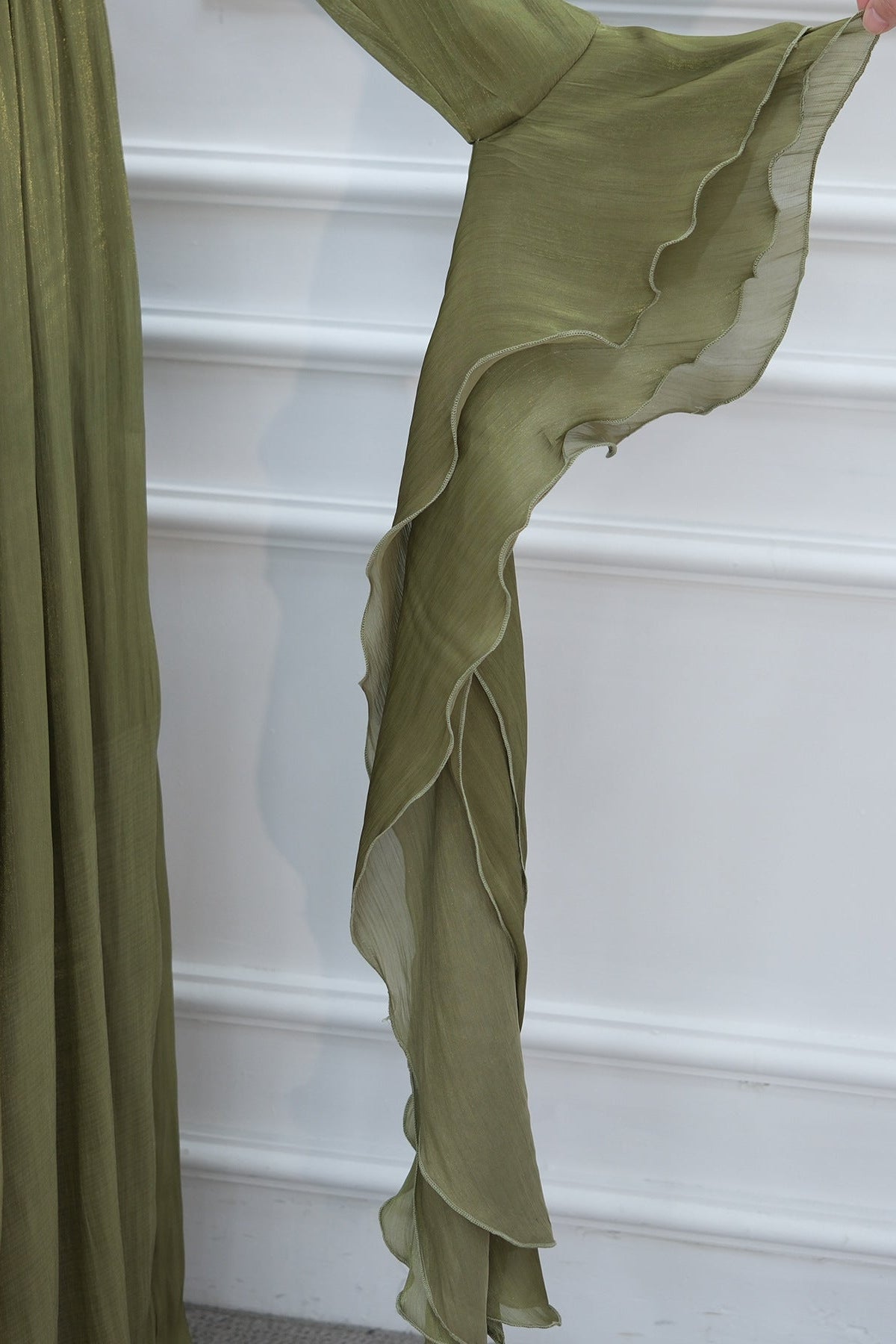 Rania Double-Layer Waist-Cinched Dress Without Hijab 1169-Army Green