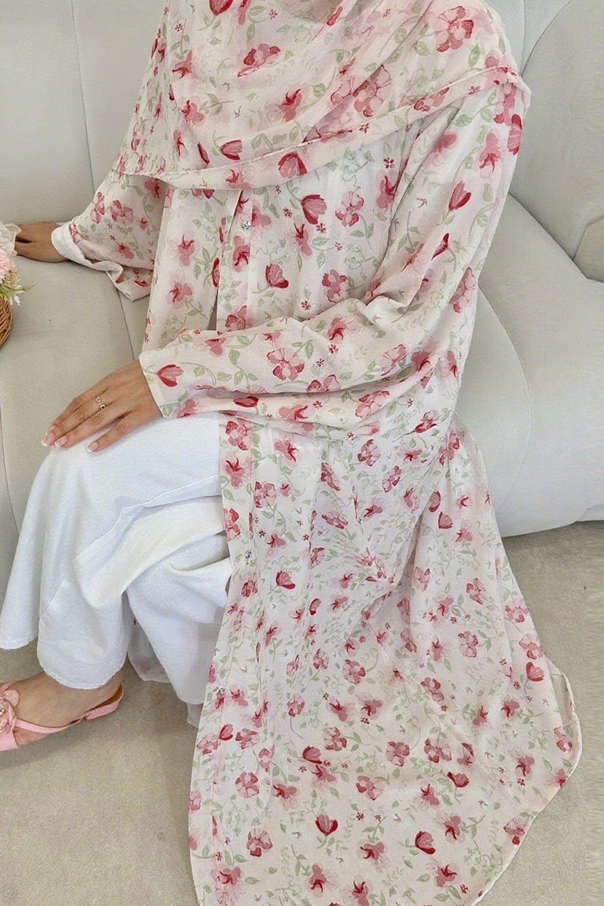 Salma Printed Double-Layer Chiffon Open Abaya with Hijab 1067-Pink