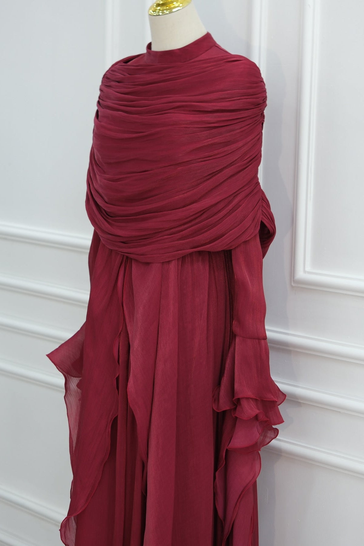 Rania Double-Layer Waist-Cinched Dress Without Hijab 1169-Dark Red