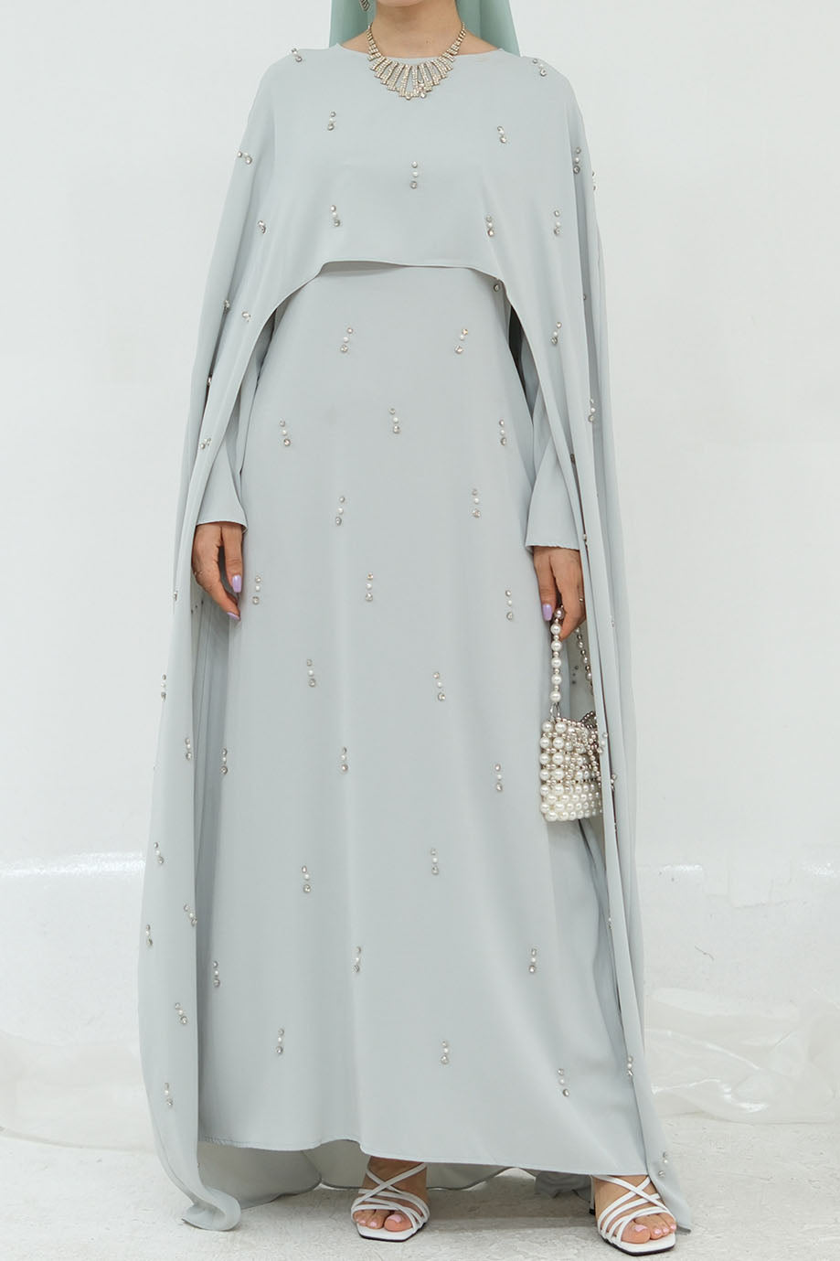 Aureya Solid Crystal-Embellished Faux Two-Piece Abaya 997 – Light Grey