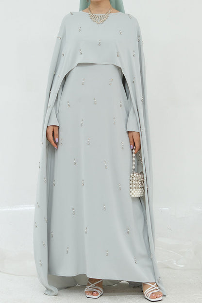 Aureya Solid Crystal-Embellished Faux Two-Piece Abaya 997 – Light Grey