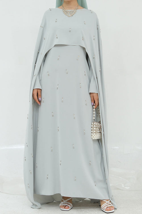 Aureya Solid Crystal-Embellished Faux Two-Piece Abaya 997 – Light Grey