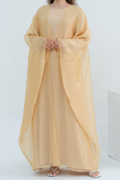 Luminous Sparkle-Drape Elegant Open Abaya 1026 – Khaki