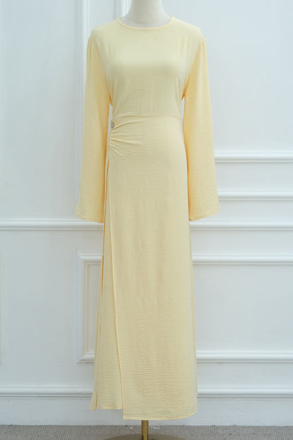 Velora Elegant Ruched Maxi Dress Abaya 1077 – Yellow