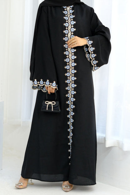 Elysia Floral Embroidered Open Abaya 909 – Black