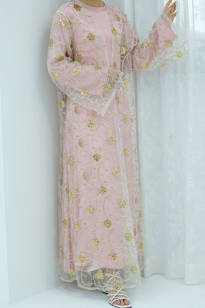 Lunis Gold-Embroidered Floral Open Abaya 1070 – Pink