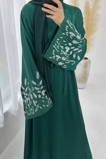 Seraya Leaf Embroidered Elegant Abaya Dress 769 – Dark Green