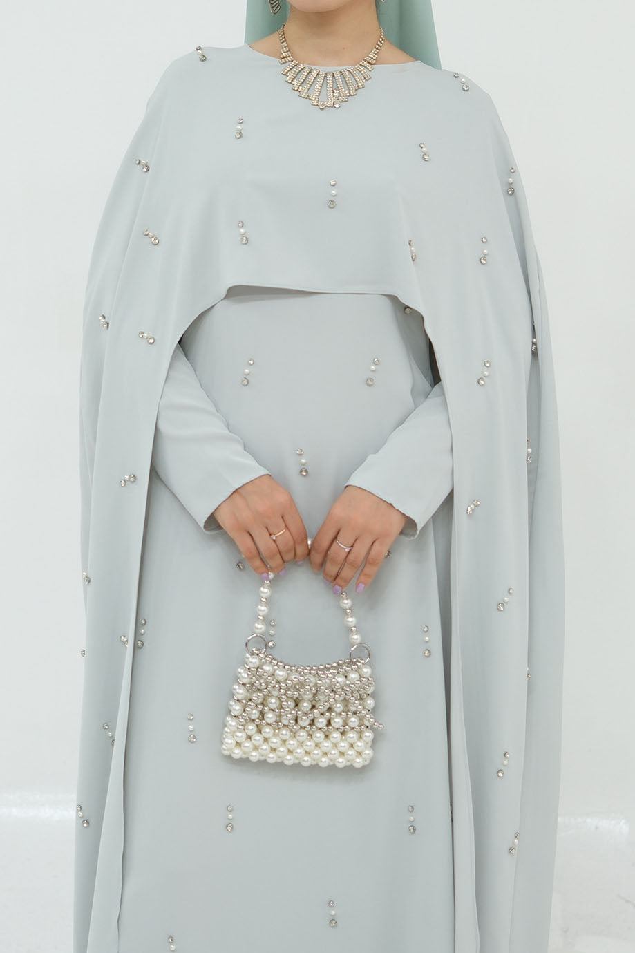 Aureya Solid Crystal-Embellished Faux Two-Piece Abaya 997 – Light Grey