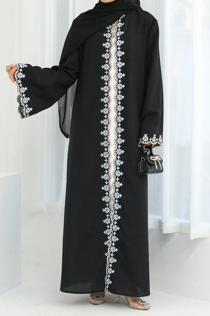 Elysia Floral Embroidered Open Abaya 909 – Black