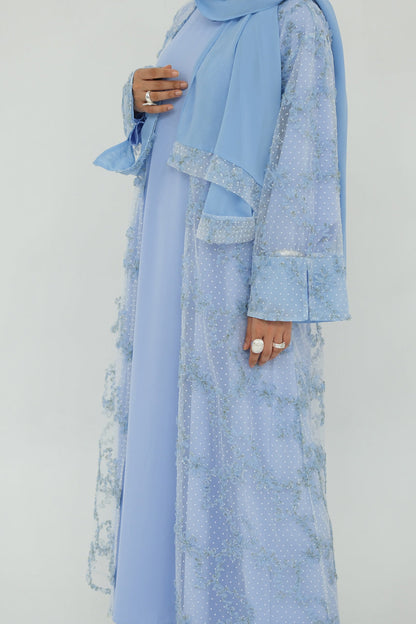 Vionne 3D Floral Mesh Open Abaya 1074 – Blue
