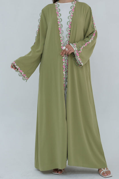 Mirage Embroidered Open Abaya Cardigan 1079 – Olive Green
