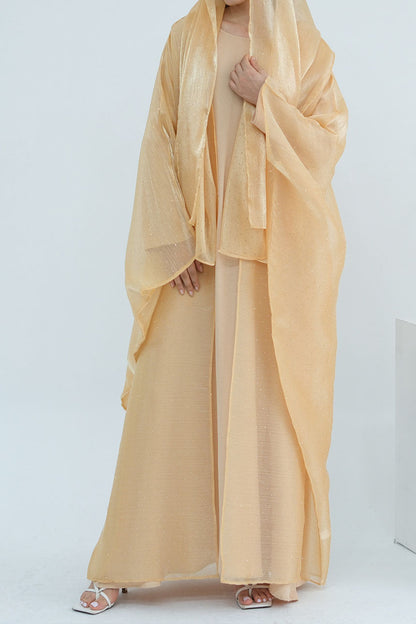 Luminous Sparkle-Drape Elegant Open Abaya 1026 – Khaki