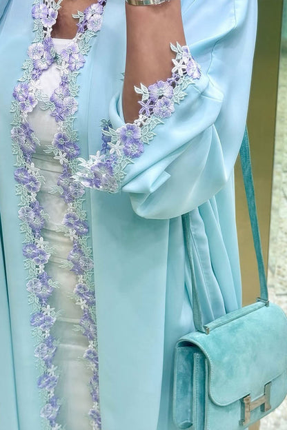 Alara Floral Embroidered Open Abaya Cardigan 1078 – Blue