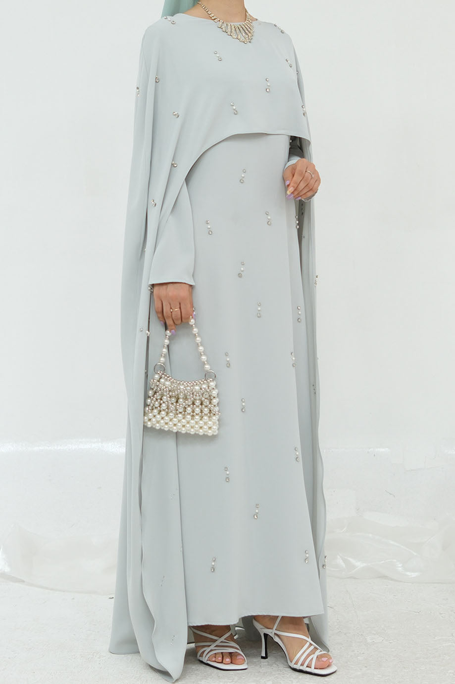 Aureya Solid Crystal-Embellished Faux Two-Piece Abaya 997 – Light Grey