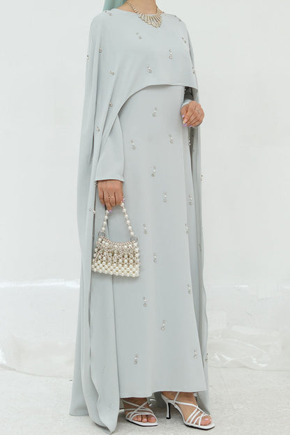 Aureya Solid Crystal-Embellished Faux Two-Piece Abaya 997 – Light Grey
