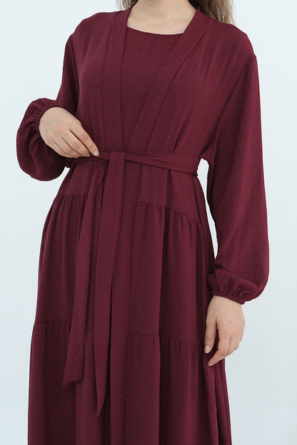 Edenveil Open Abaya & Sleeveless Dress Set 1018 – Burgundy