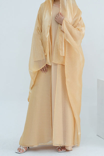 Luminous Sparkle-Drape Elegant Open Abaya 1026 – Khaki
