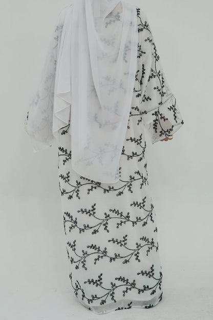 Meadowe Full Embroidered Mesh Open Abaya 1075 – White