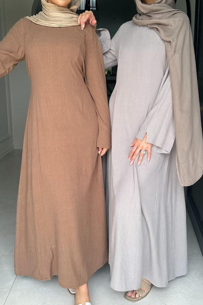 Oasis Adjustable-Waist Cotton-Linen Maxi Dress Abaya 948 – Brown