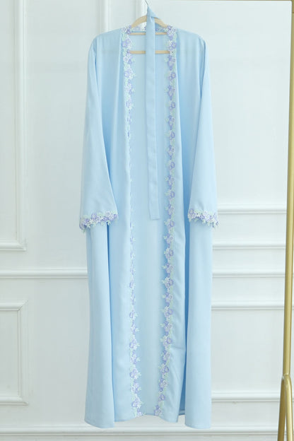 Alara Floral Embroidered Open Abaya Cardigan 1078 – Blue