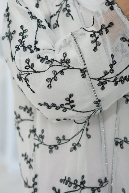 Meadowe Full Embroidered Mesh Open Abaya 1075 – White