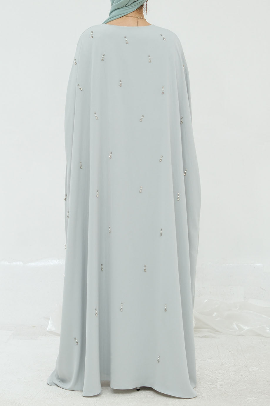 Aureya Solid Crystal-Embellished Faux Two-Piece Abaya 997 – Light Grey
