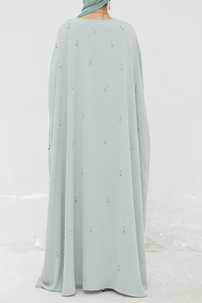 Aureya Solid Crystal-Embellished Faux Two-Piece Abaya 997 – Light Grey